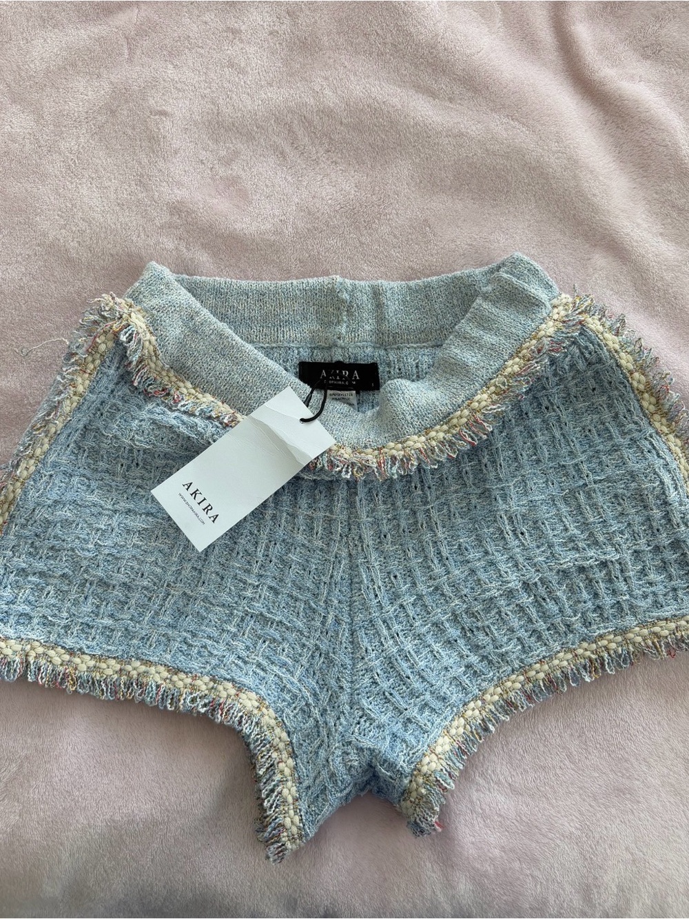 AKIRA Pastel Blue Tweed High Waist Shorts with Multicolor Fringe